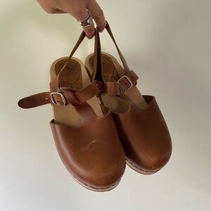Brown Leather Clogs with Adjustable Straps
